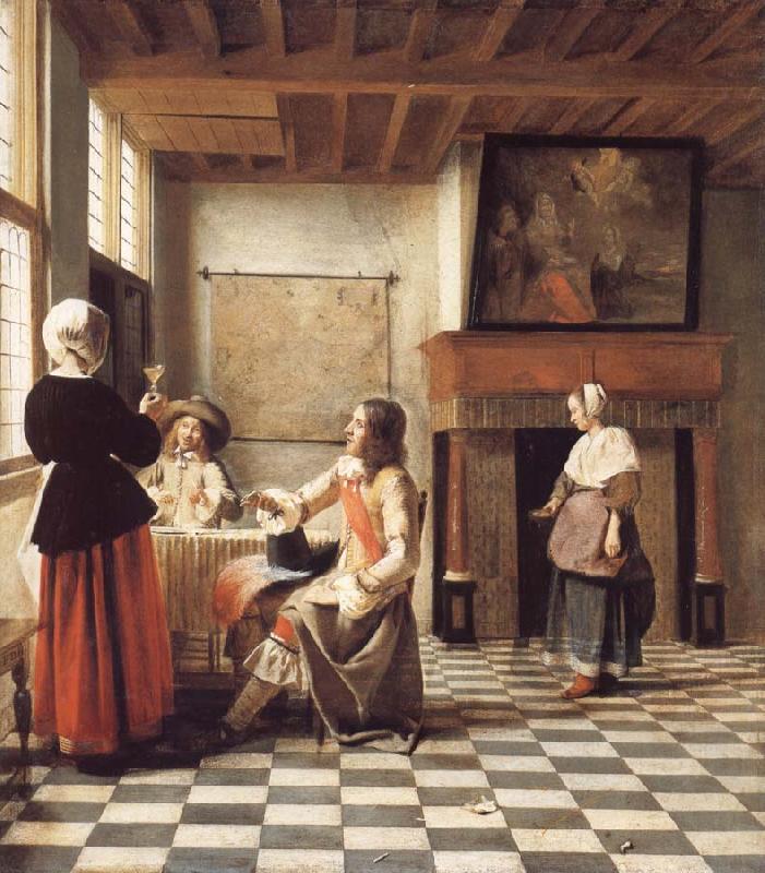 Pieter de Hooch An Interior,with a Woman Drinking with Two Men,and a Maidservant Germany oil painting art